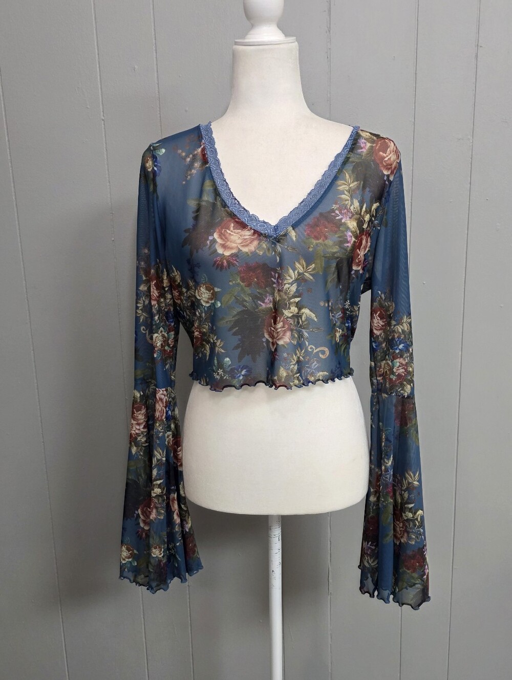 Shein Floral Blue Mesh Long Sleeve Top Size XL